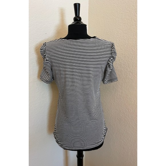 Striped Puffy Sleeve Short Sleeve High Heeled Shoe Studded Top - Picture 4 of 11